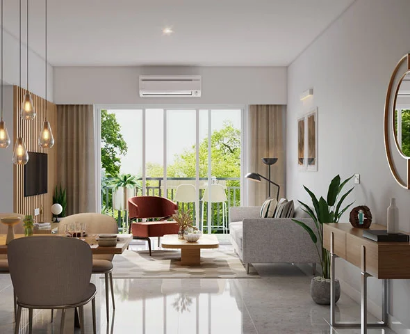 Godrej Neopolis 3 BHK living and dining room interior rendering