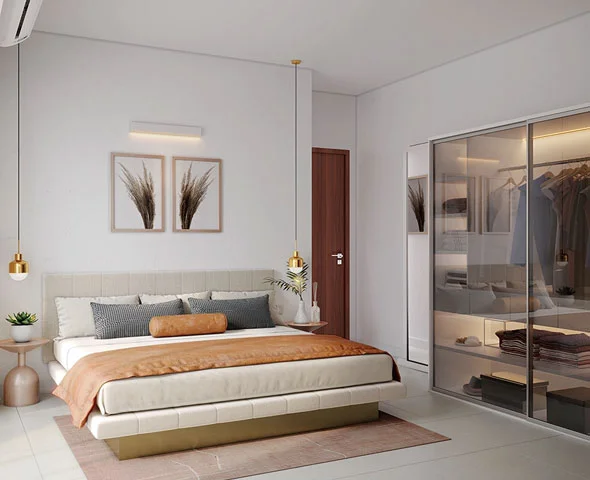 Godrej Neopolis 3.5 BHK master bedroom with glass wardrobe interior