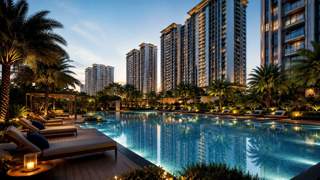 Godrej Neopolis illuminated resort-style swimming pool, lounge deck, and luxury high-rise towers